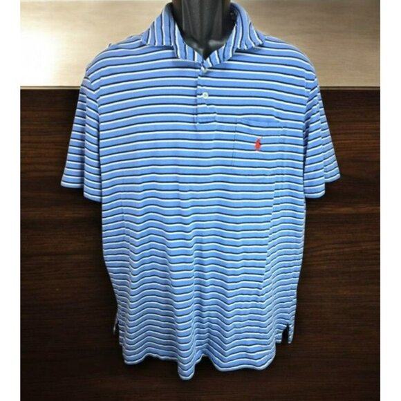 Polo Ralph Lauren Men's Blue Striped Polo Large Golf Polo Tennis - Picture 1 of 7
